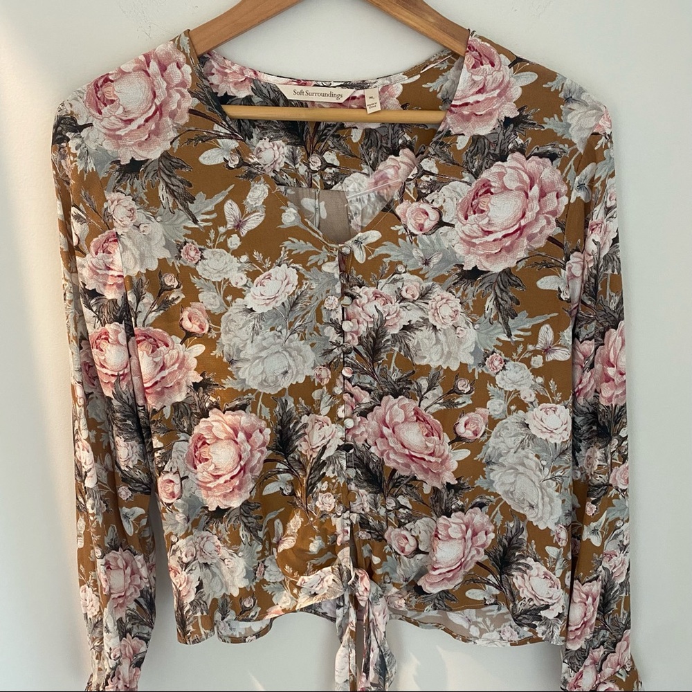NWT‎ Soft surroundings brown and pink floral button front tied top size m…
